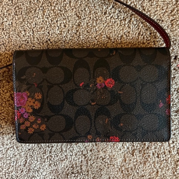 New Coach F30256 Foldover Clutch Crossbody In Pebble Leather Brown Floral - Picture 5 of 5